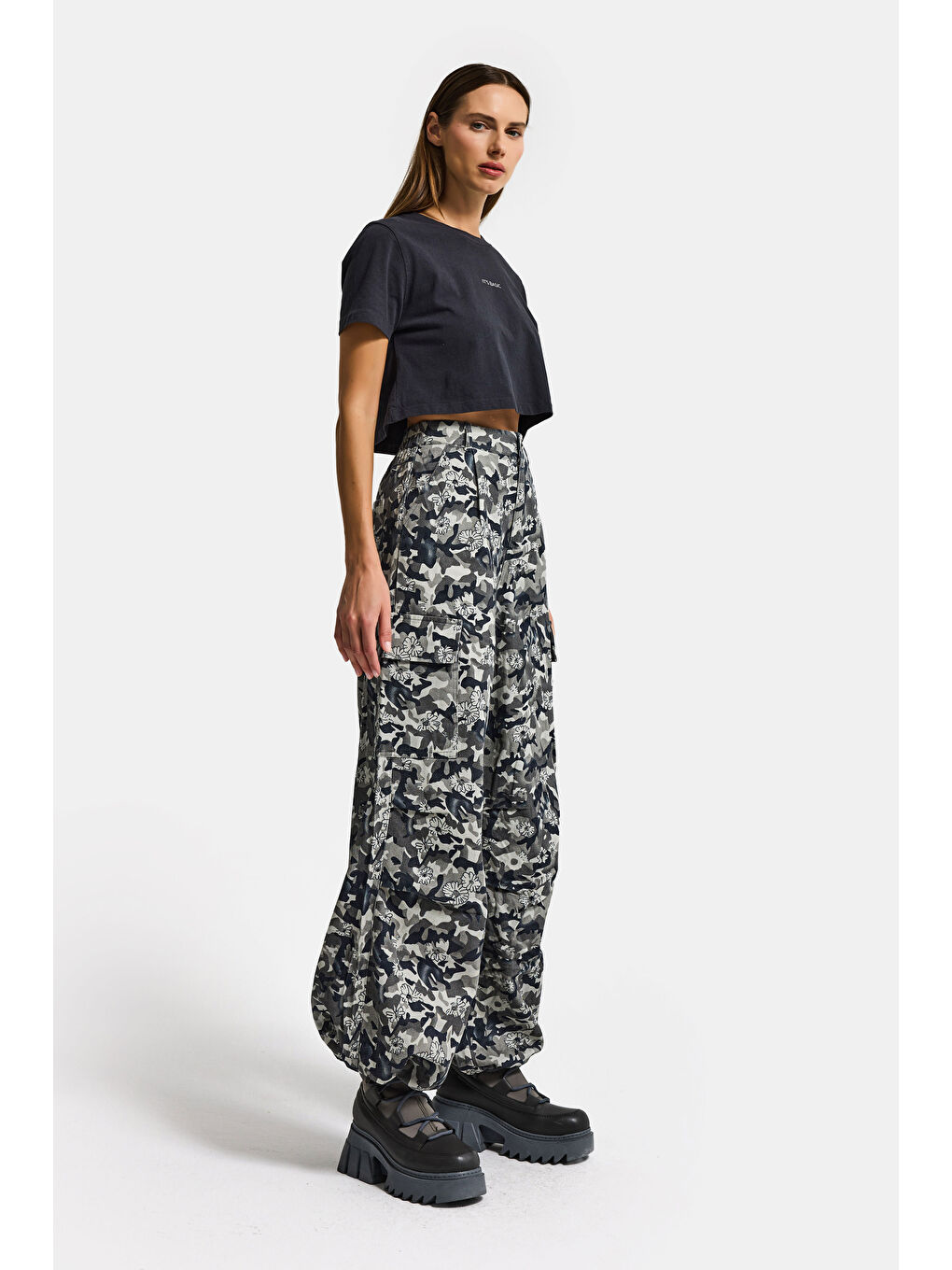 Kahverengi Kadın Kamuflaj w5 Kargo Cep Özel Kumaş Tasarım Pantolon-5