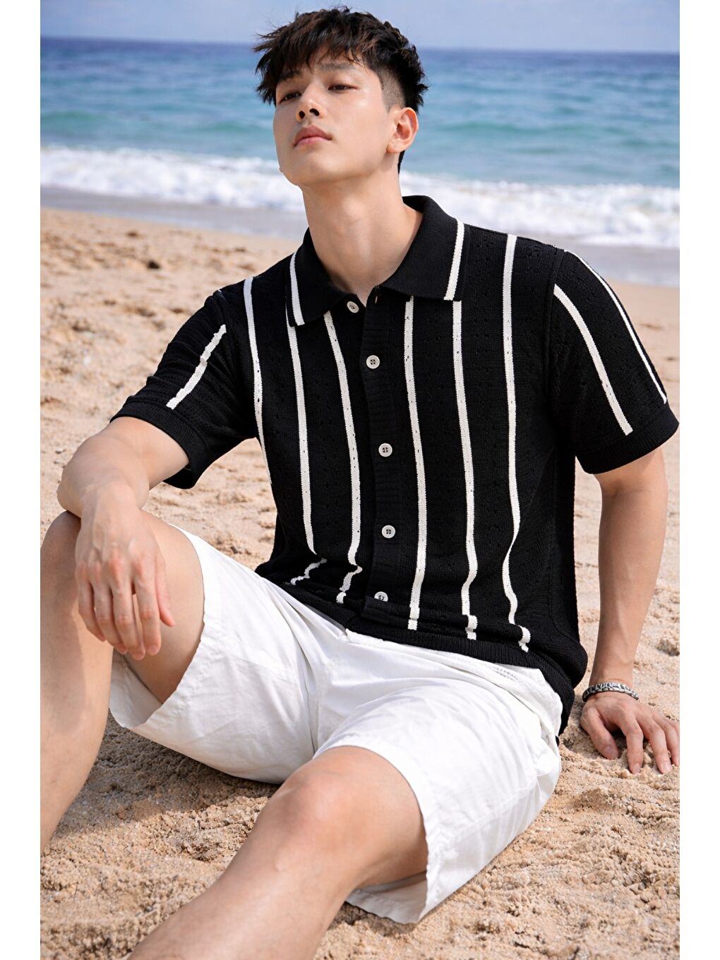 Siyah Çizgili Erkek Triko Gömlek Yaka Hırka Yazlık Rahat Kesim-1