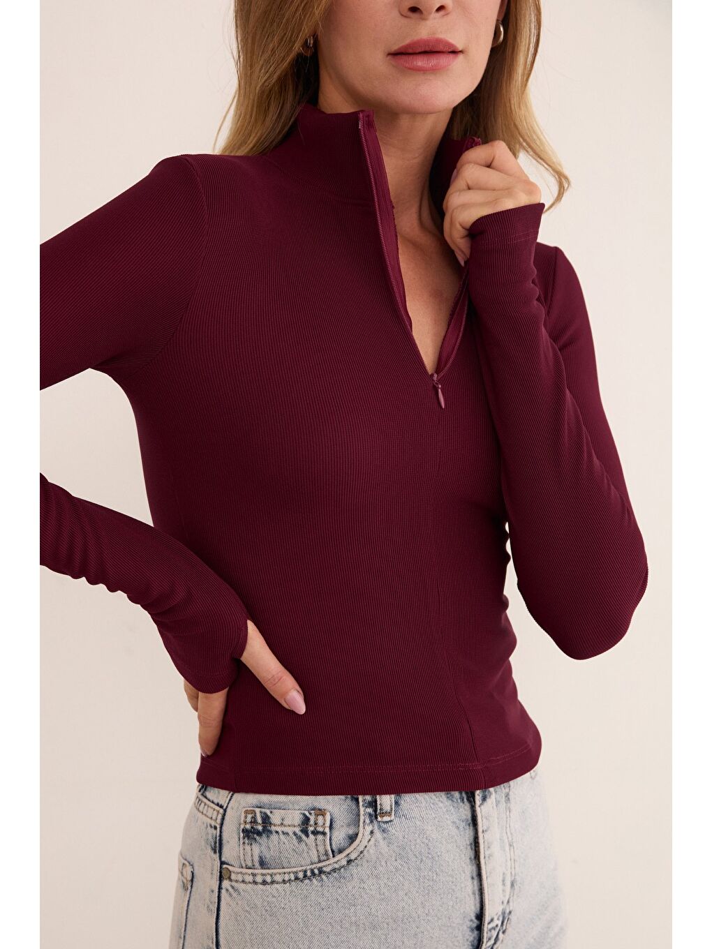 Bordo Fitilli Fermuarlı Dik Yaka Bluz-4