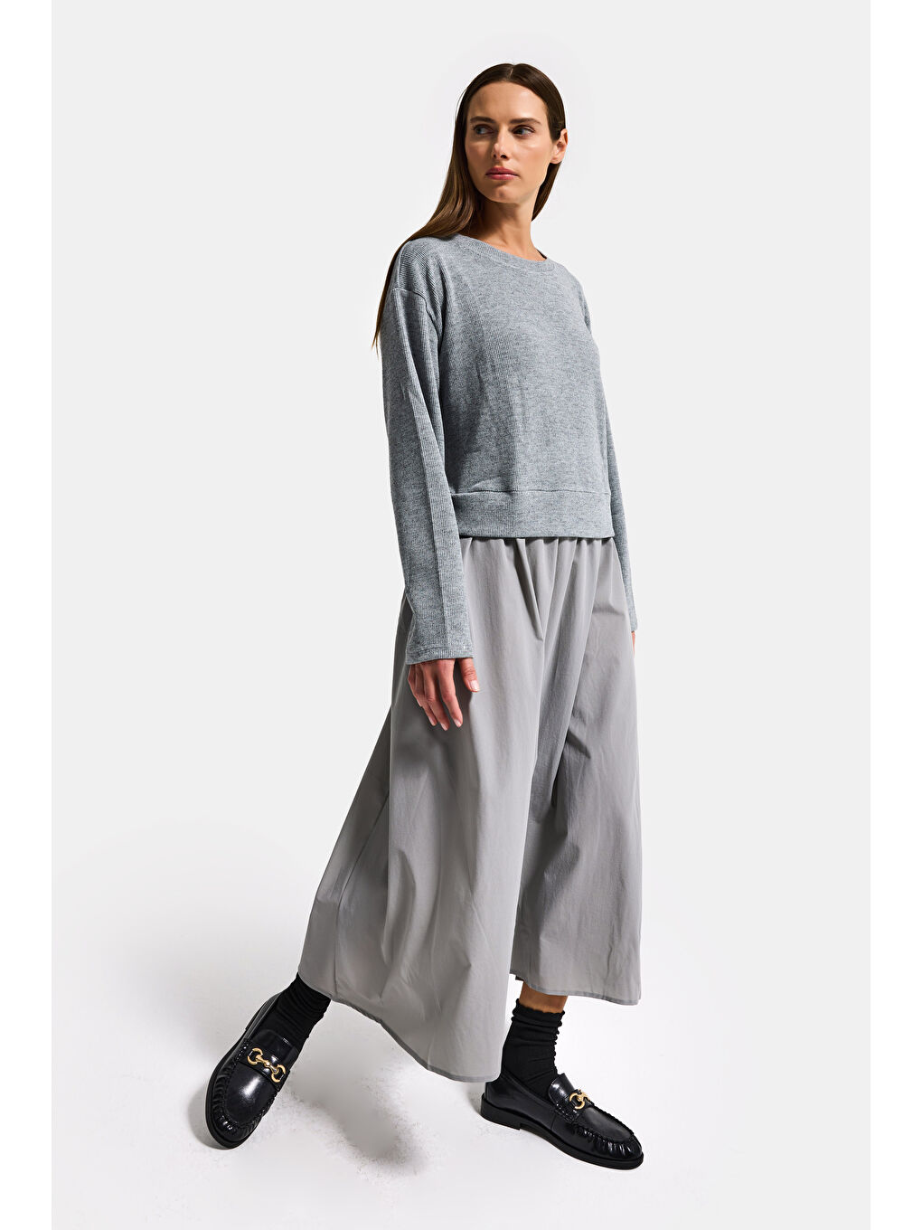 Kadın Gri w5 Triko Kazak Etek Tek Parça Tasarım Elbise-1