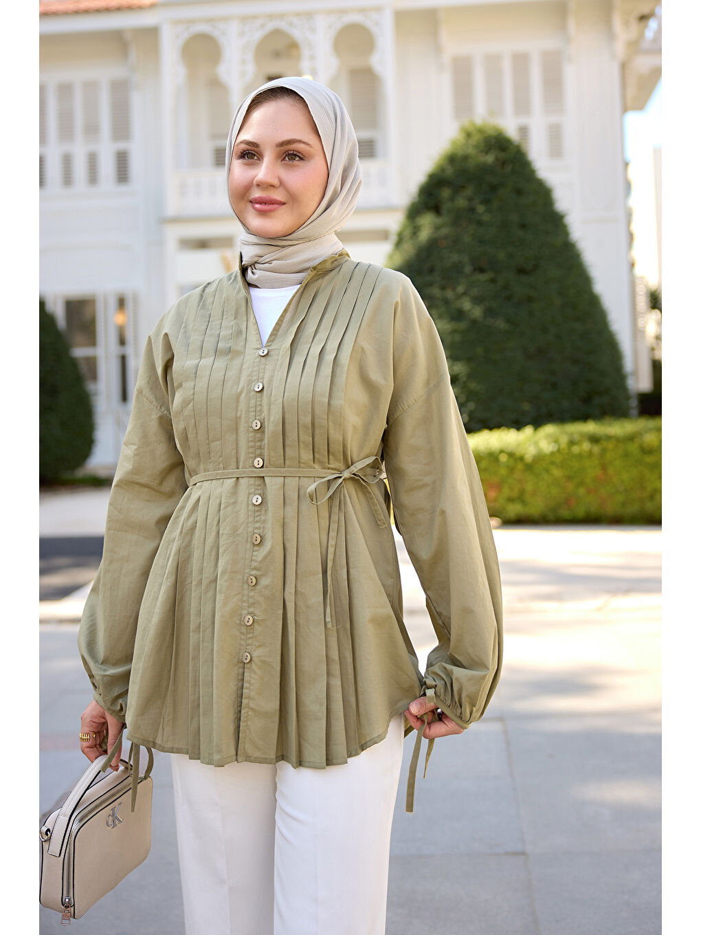 Kadın Önü Pile Detay Vual Gömlek Küf Yeşil-1