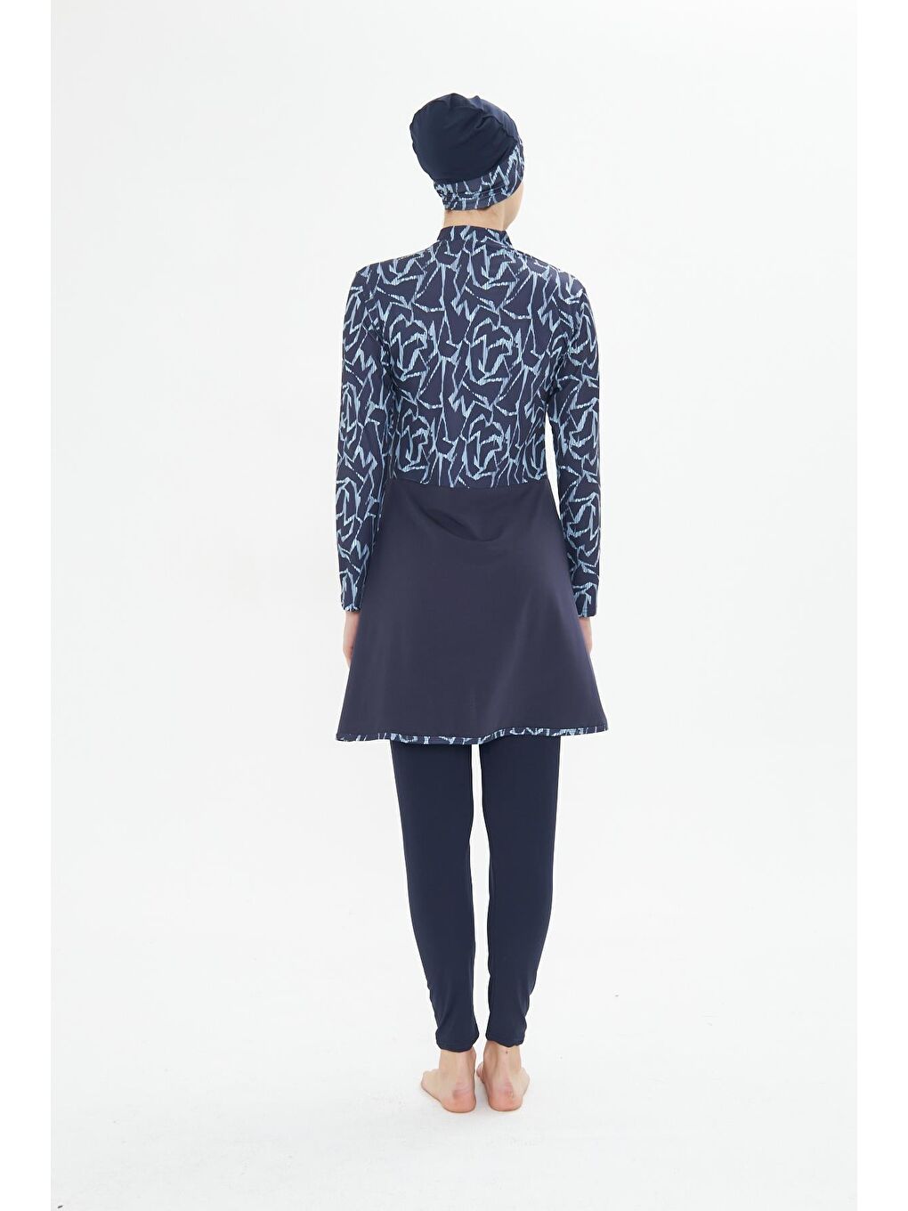 Tam Kapalı Elastanlı Desenli Etekli Tesettür Mayo Lacivert 3482-L-6