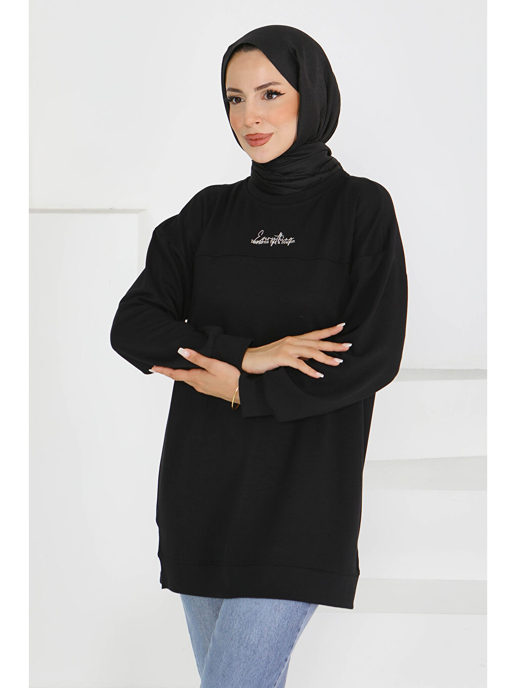 Önü Baskılı Biyeli  Sweatshirt Siyah - 27609