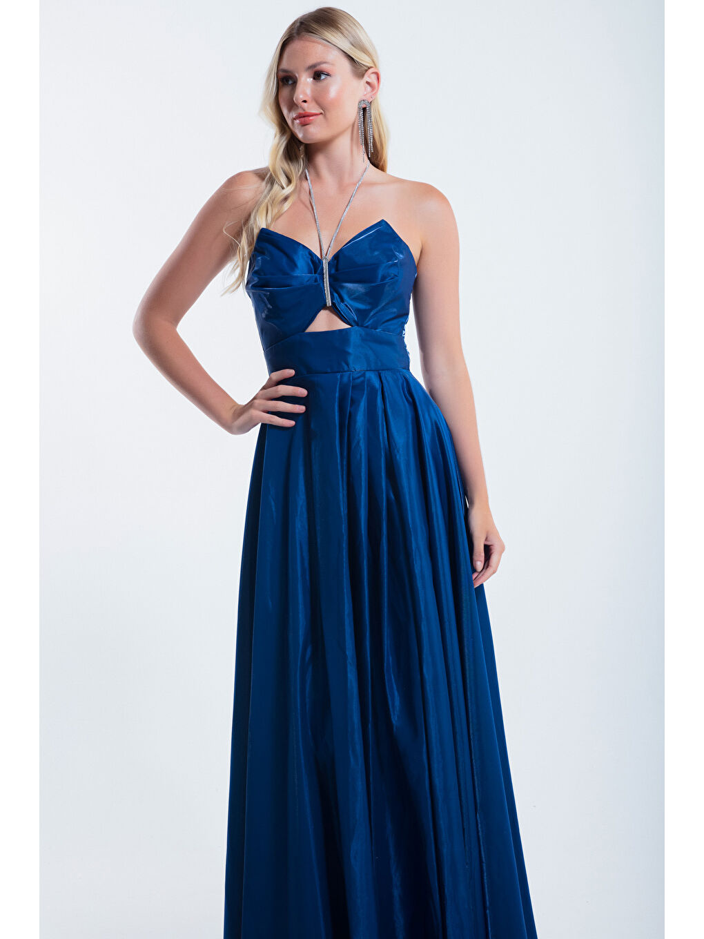 Kadın İndigo Taş Askılı Uzun Abiye Elbise-2