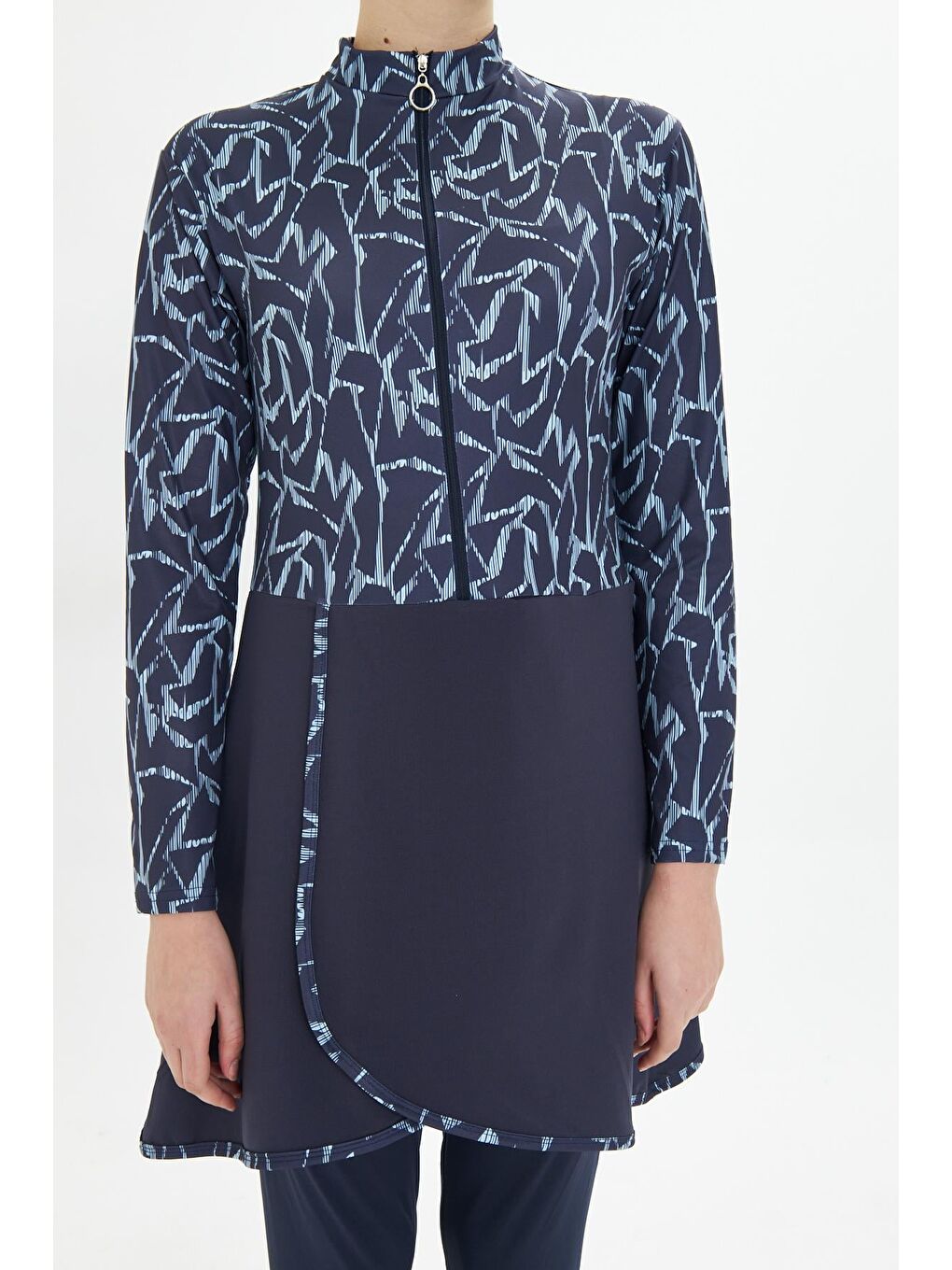 Tam Kapalı Elastanlı Desenli Etekli Tesettür Mayo Lacivert 3482-L-7