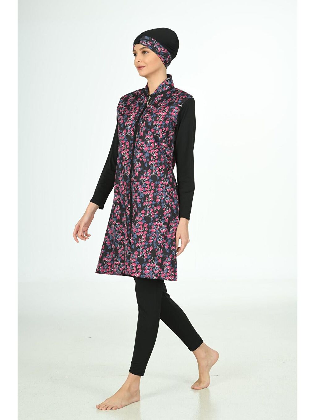 Siyah Tam Kapalı Desenli Paraşüt Kumaş Tesettür Mayo 3109-5