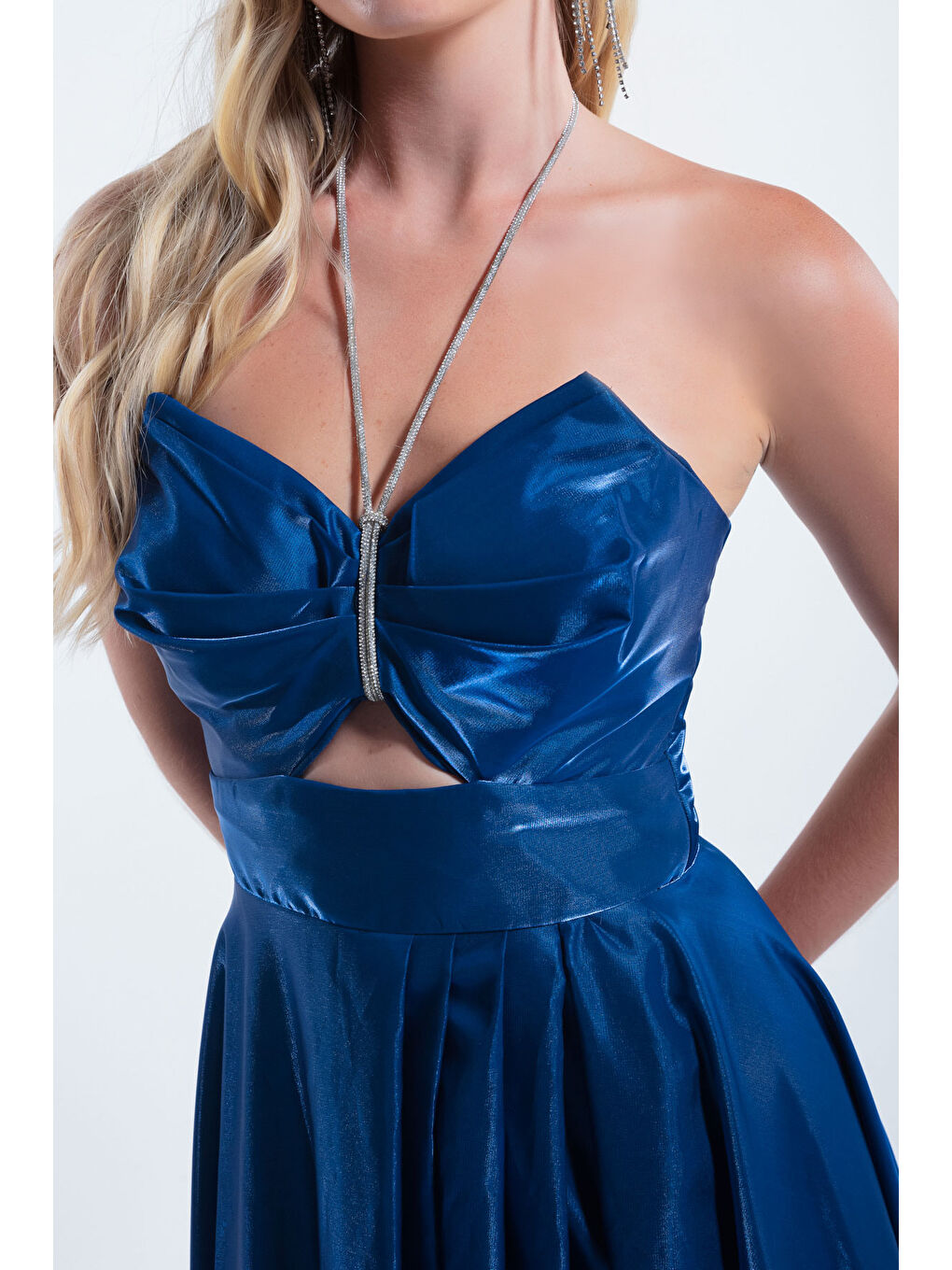 Kadın İndigo Taş Askılı Uzun Abiye Elbise-3