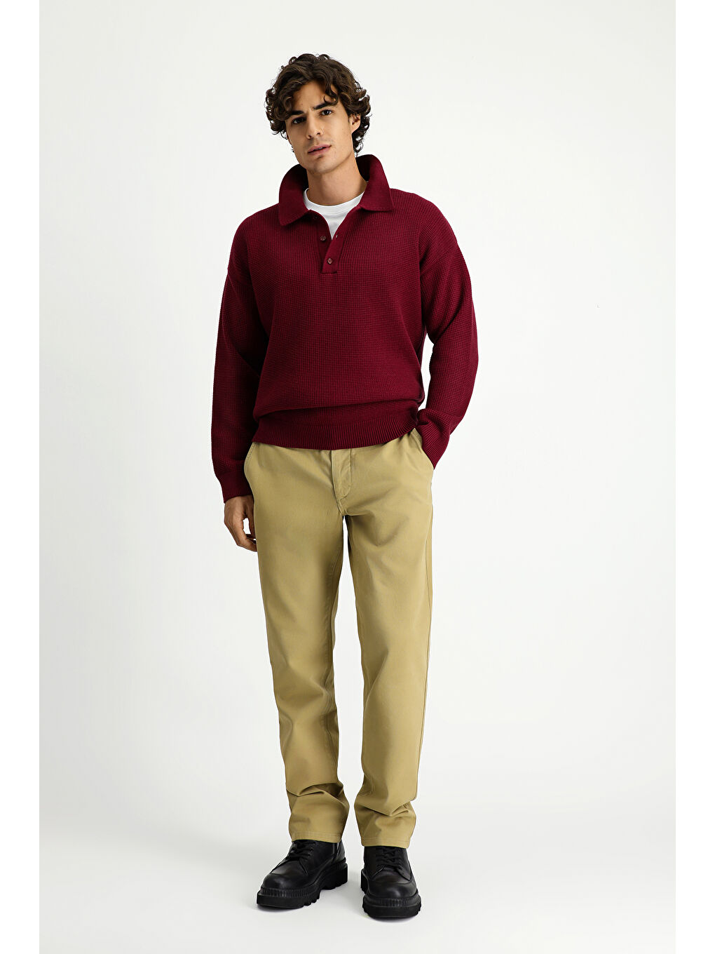 Bordo Polo Yaka Oversize Ekstra Rahat Kesim Desenli Triko Kazak-1