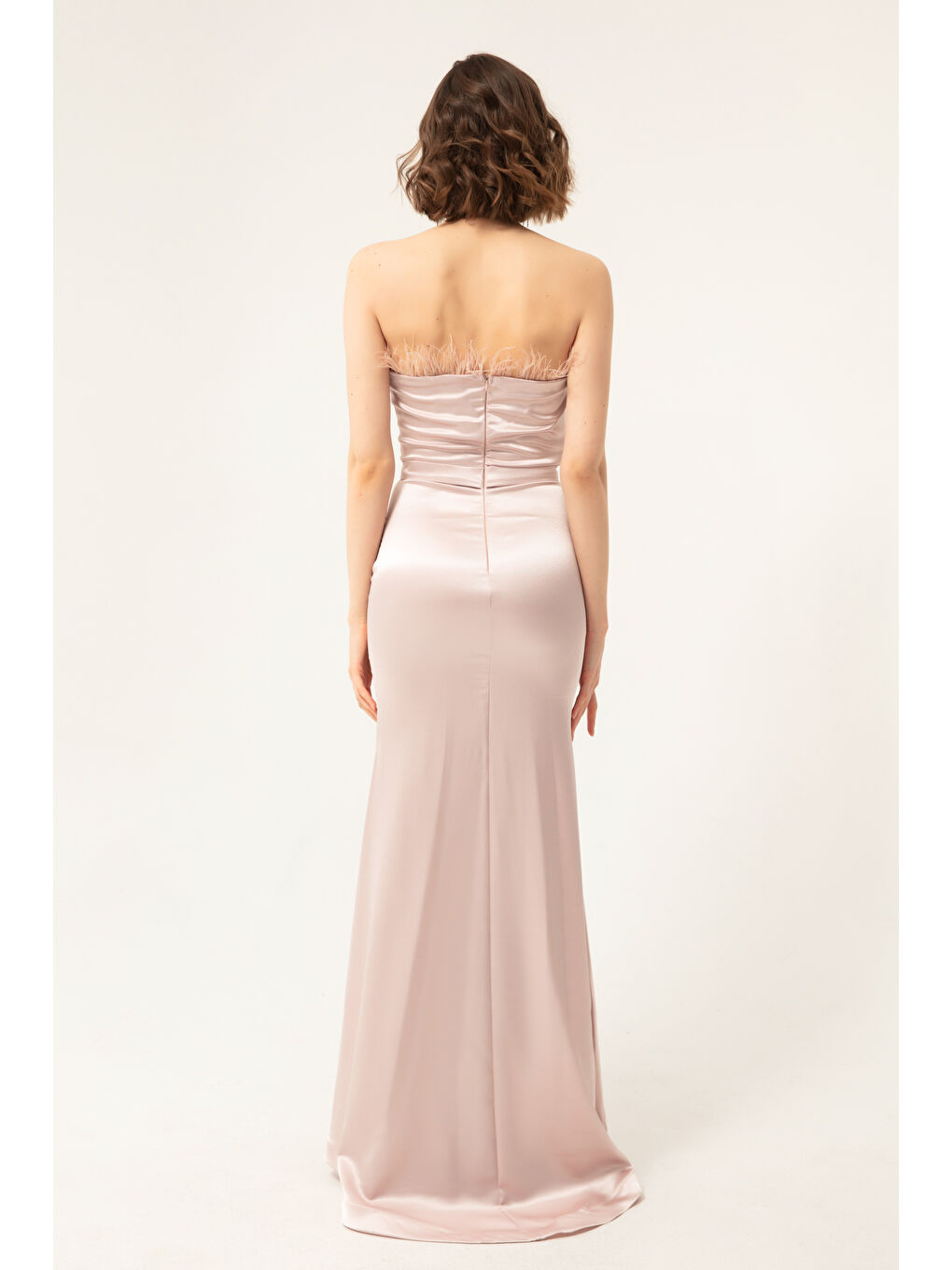 Pembe Kadın Pudra Straplez Taşlı Kemerli Balık Abiye-4