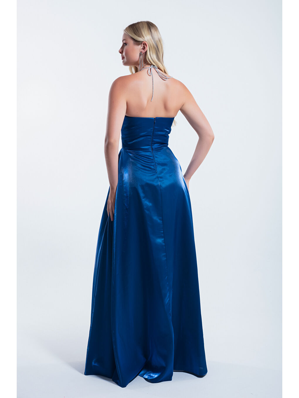 Kadın İndigo Taş Askılı Uzun Abiye Elbise-4