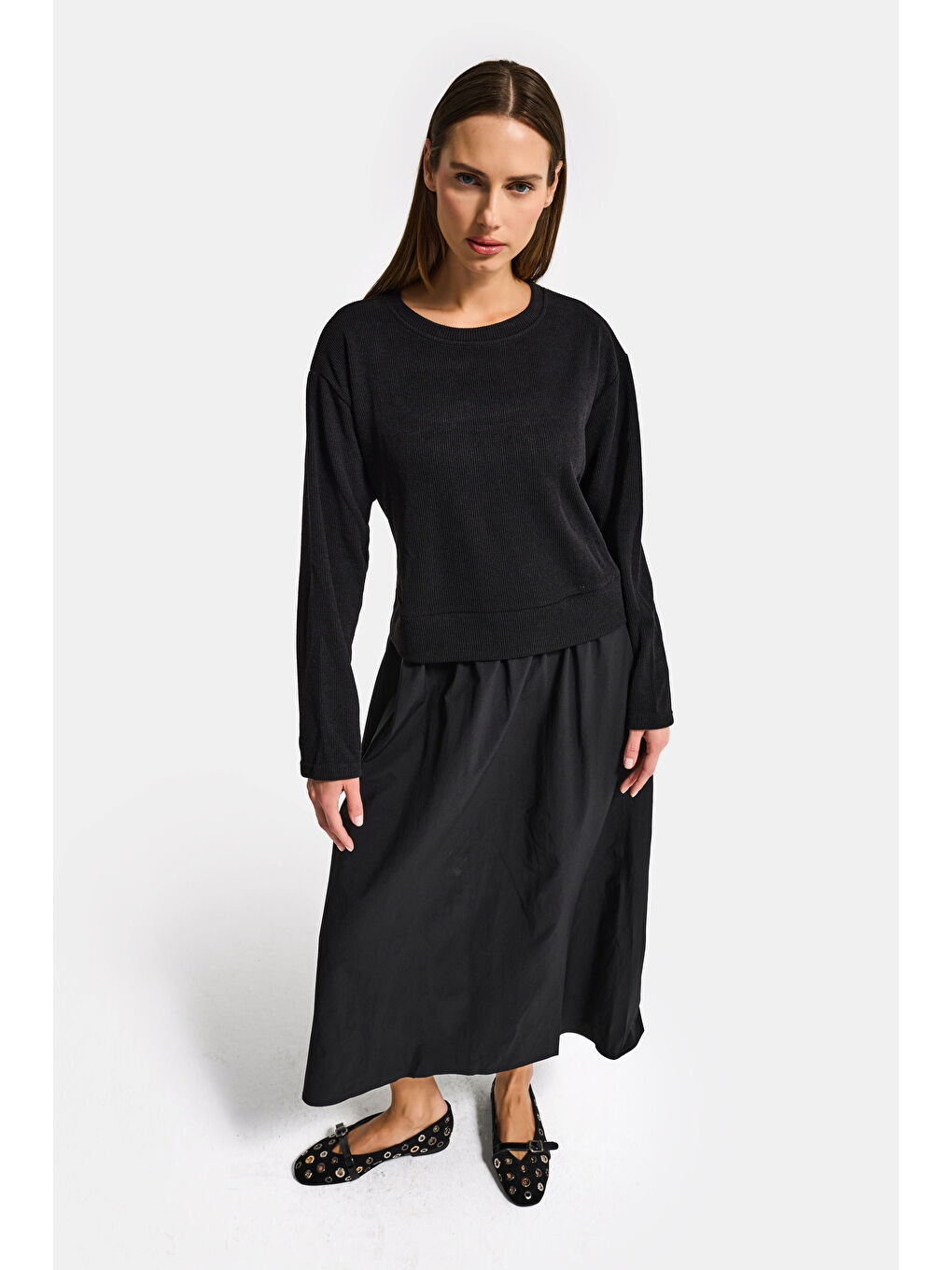 Kadın Siyah w5 Triko Kazak Etek Tek Parça Tasarım Elbise-4