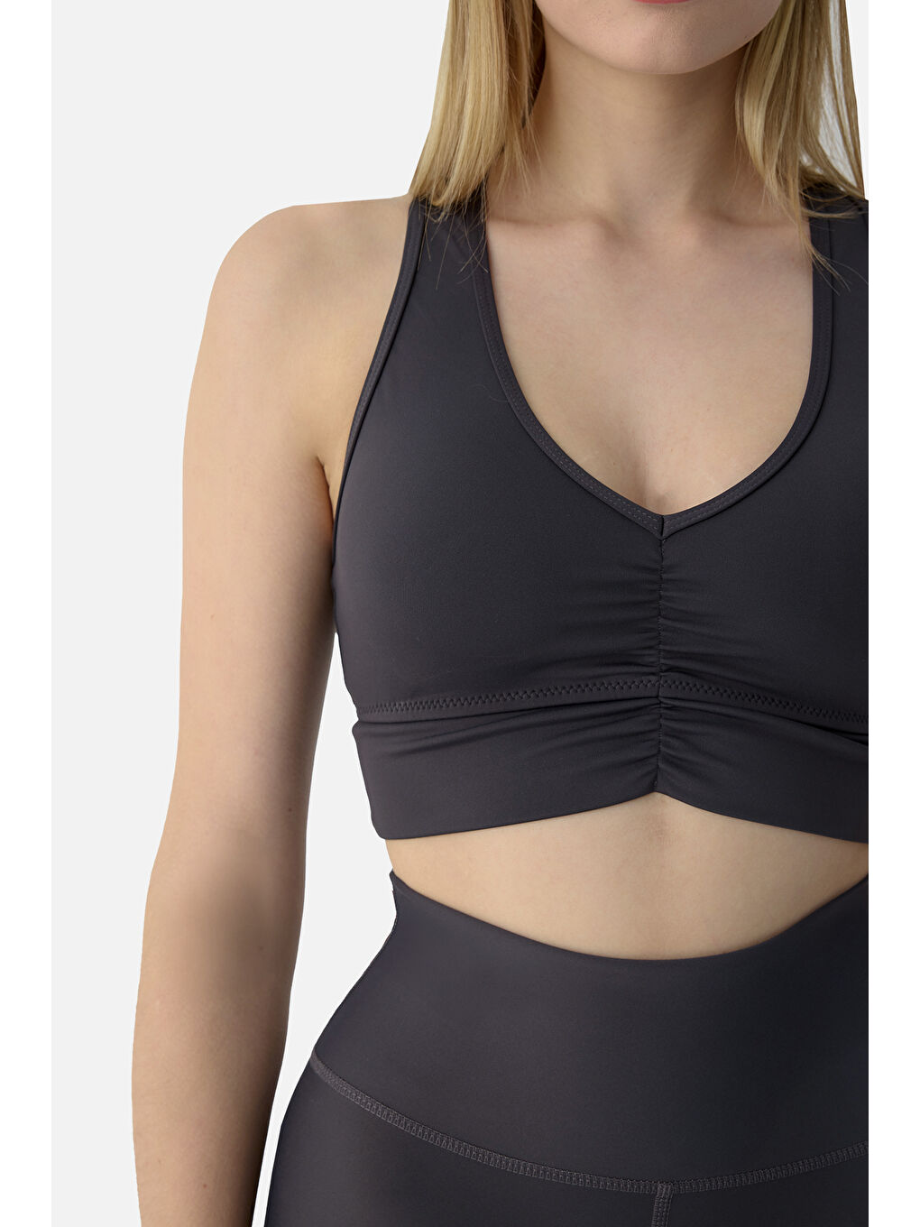 Gri Amara Büzgü Detaylı Füme Spor Bra-3