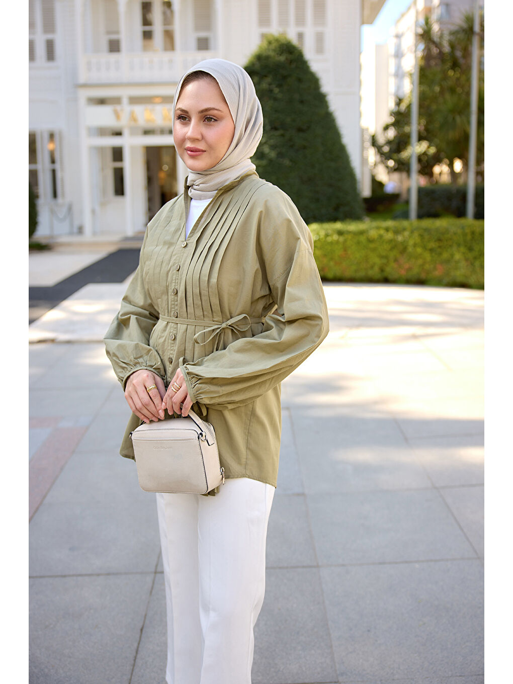 Kadın Önü Pile Detay Vual Gömlek Küf Yeşil-2