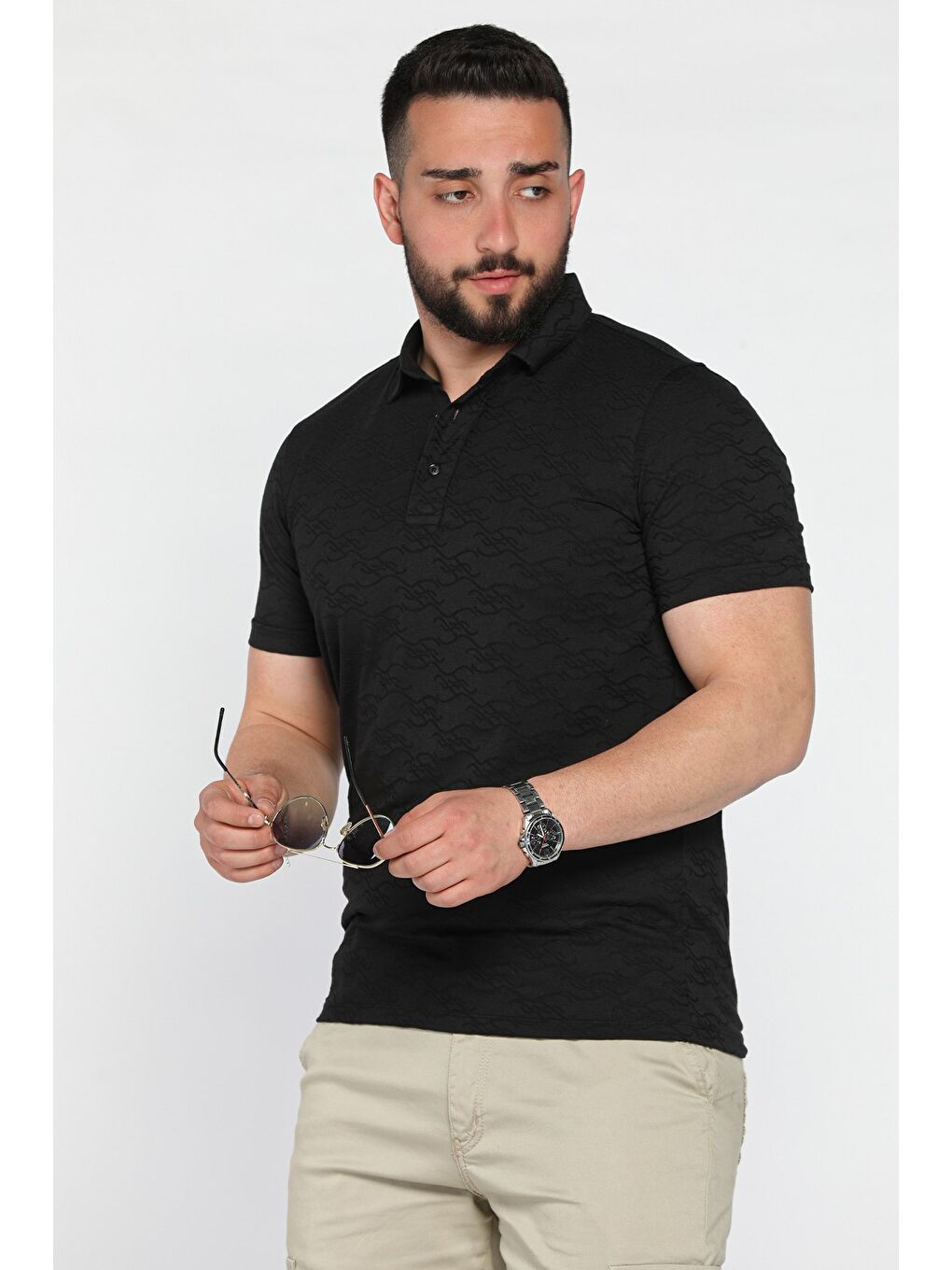 Siyah Polo Yaka Yarım Düğmeli Erkek Tişört