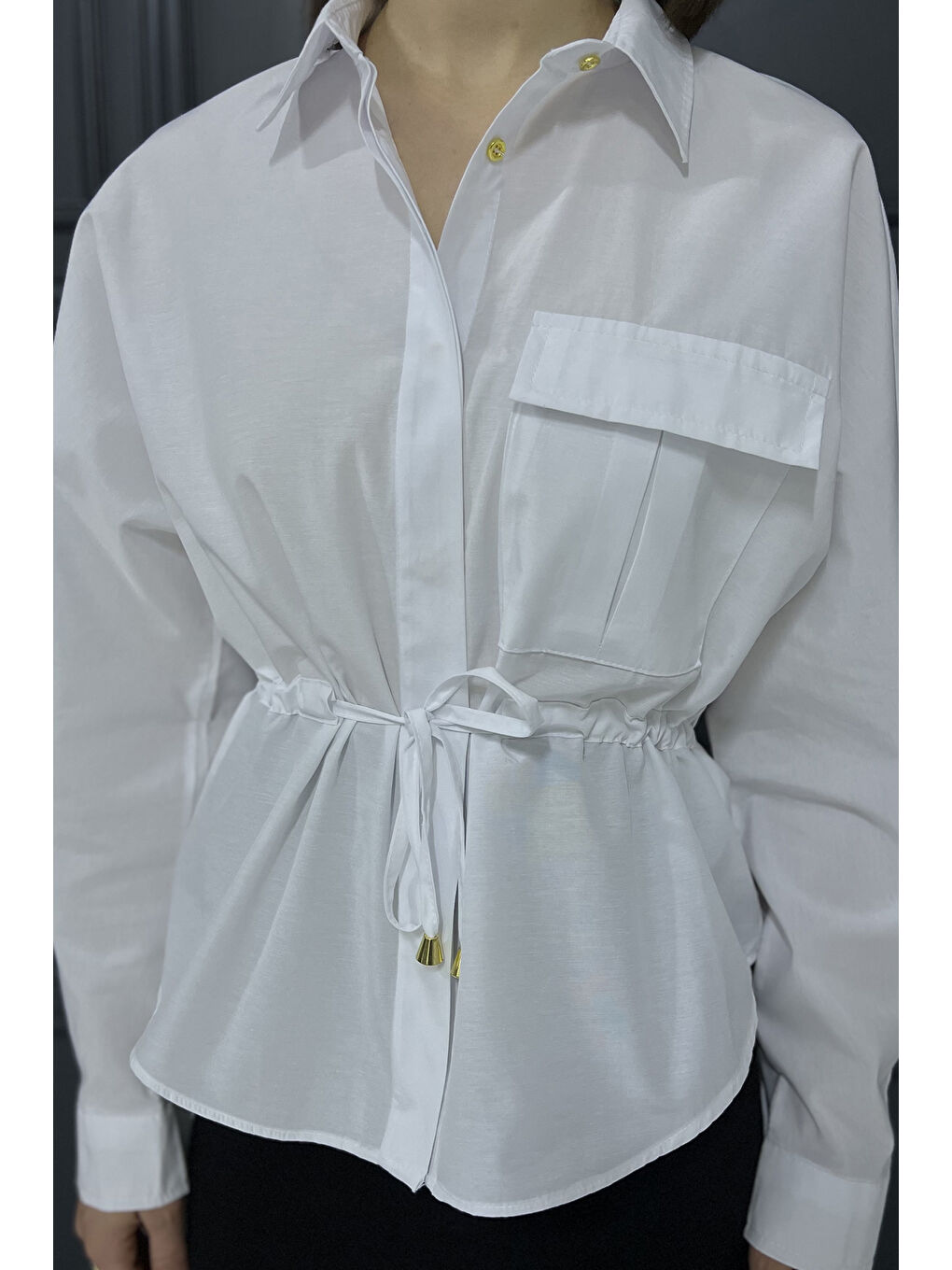 Beyaz Bel Bağcıklı Uzun Kol Kadın Gömlek-3