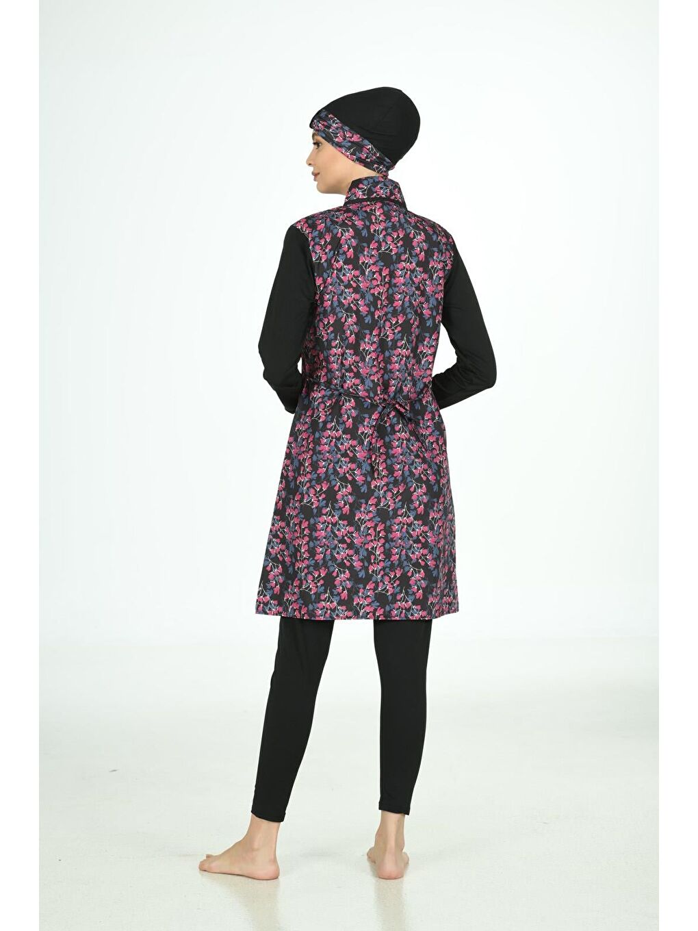 Siyah Tam Kapalı Desenli Paraşüt Kumaş Tesettür Mayo 3109-6