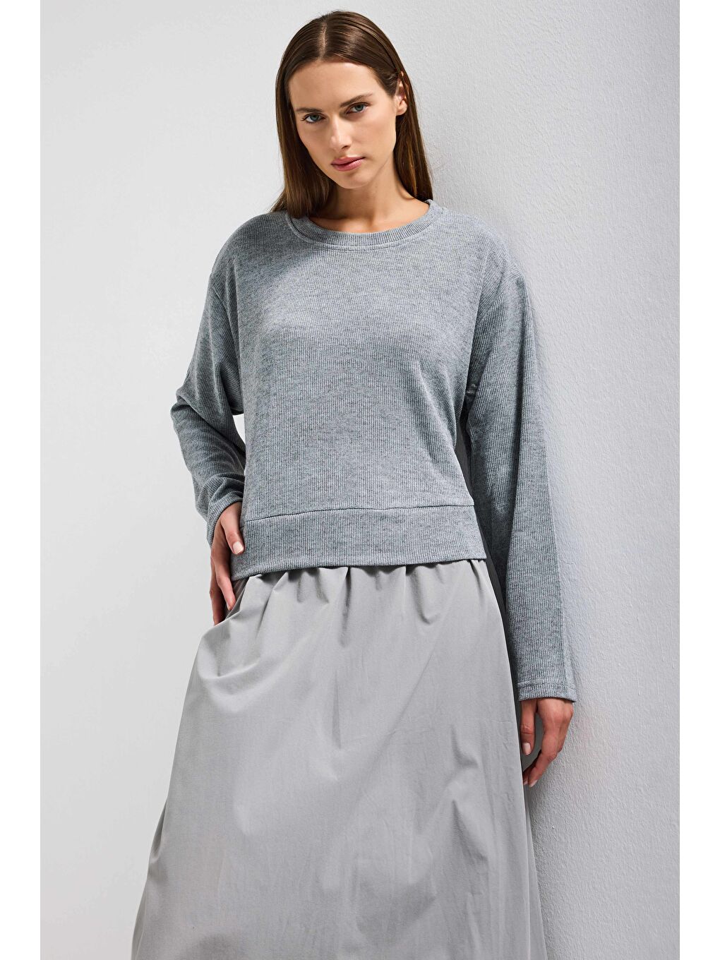 Kadın Gri w5 Triko Kazak Etek Tek Parça Tasarım Elbise-2