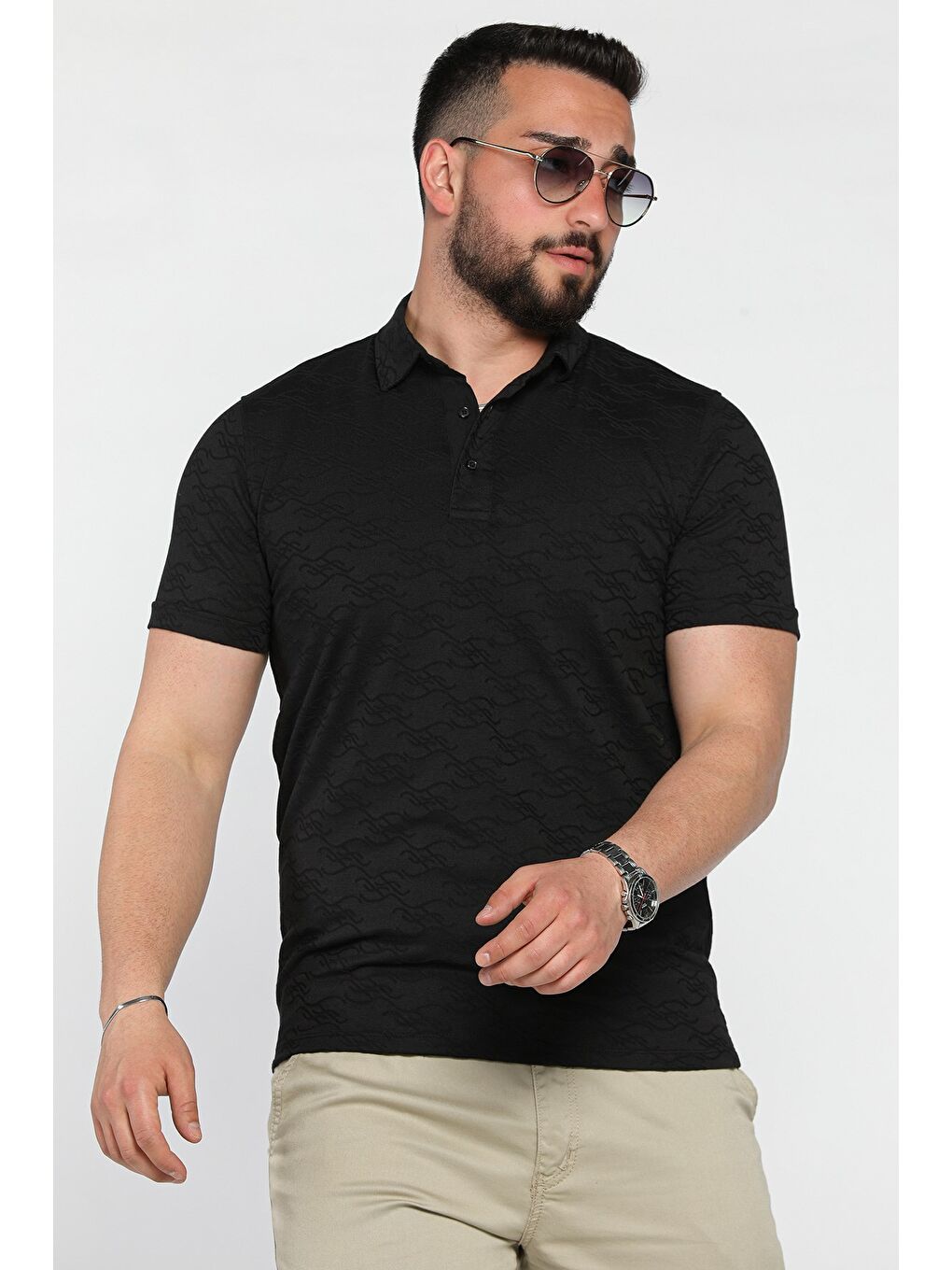 Siyah Polo Yaka Yarım Düğmeli Erkek Tişört-1