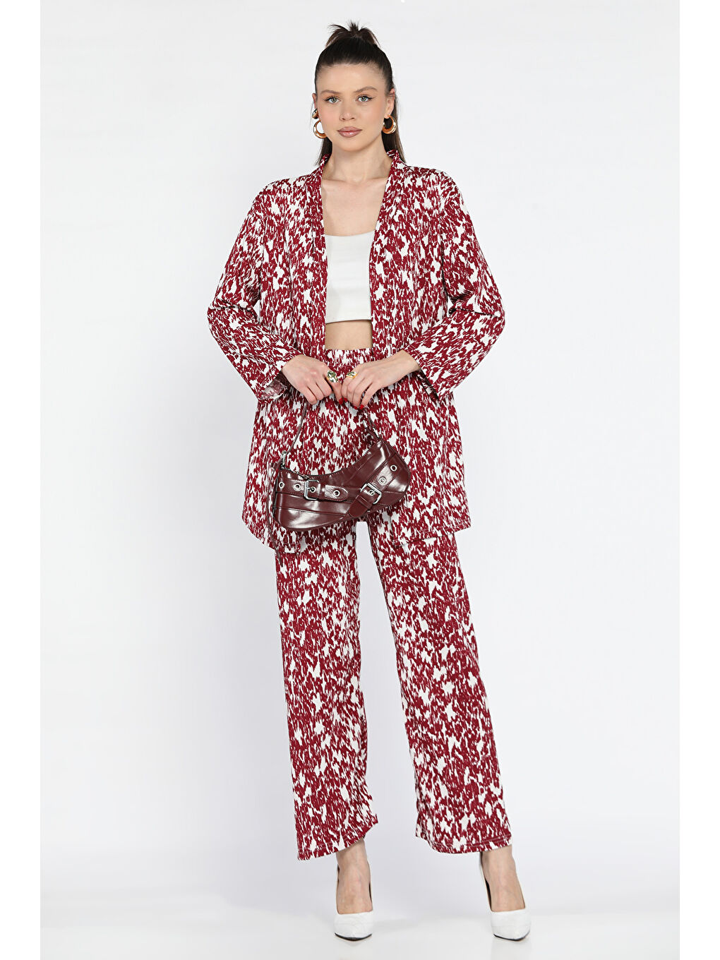 Bordo Kadın Desenli Kimono Pantolon İkili Takım
