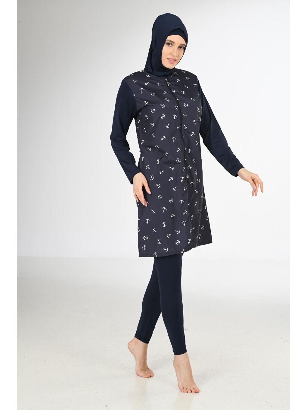 Siyah Tam Kapalı Desenli Paraşüt Kumaş Tesettür Mayo 3214-5