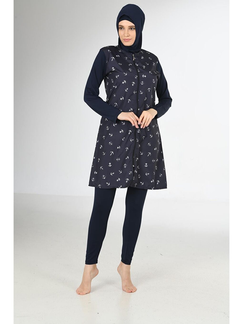 Siyah Tam Kapalı Desenli Paraşüt Kumaş Tesettür Mayo 3214-6