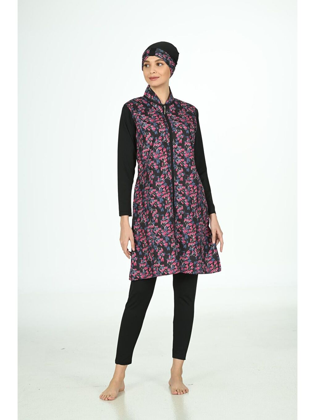 Siyah Tam Kapalı Desenli Paraşüt Kumaş Tesettür Mayo 3109-7