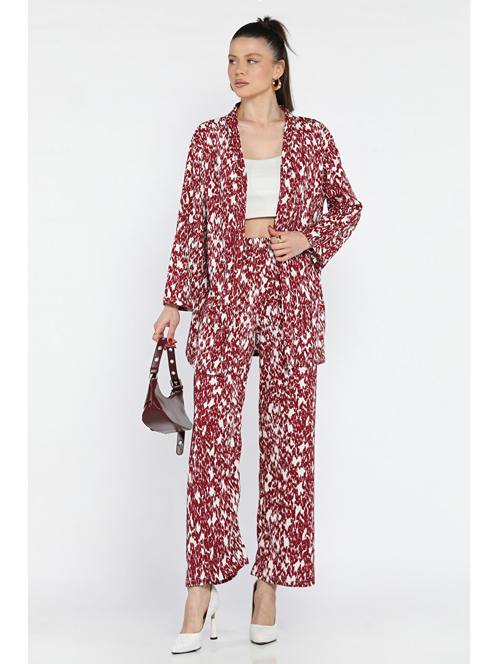 Bordo Kadın Desenli Kimono Pantolon İkili Takım-1