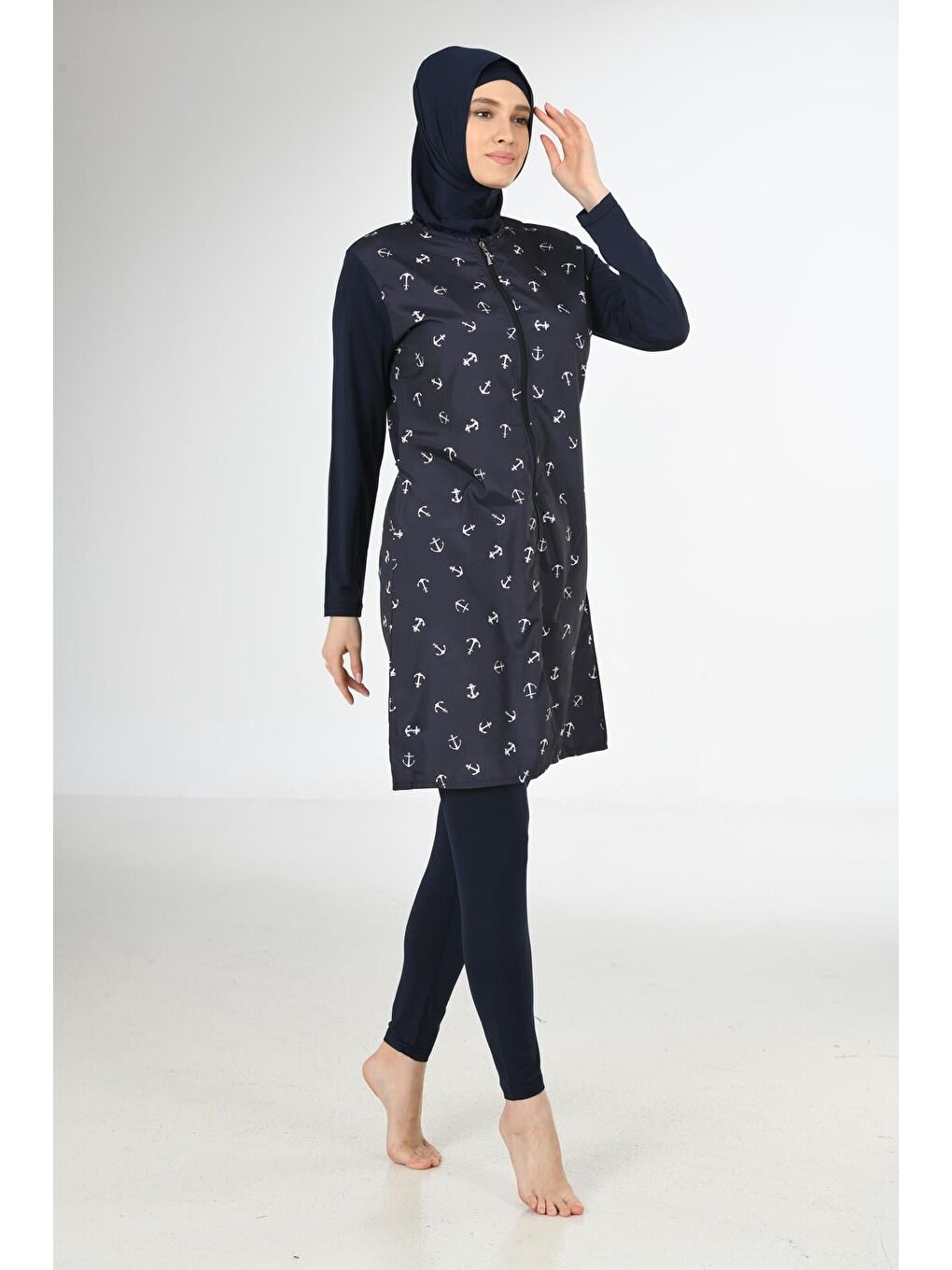 Siyah Tam Kapalı Desenli Paraşüt Kumaş Tesettür Mayo 3214-7