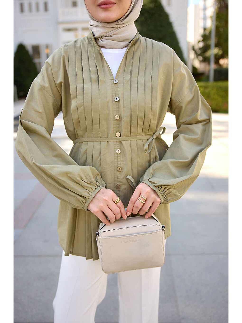 Kadın Önü Pile Detay Vual Gömlek Küf Yeşil-4