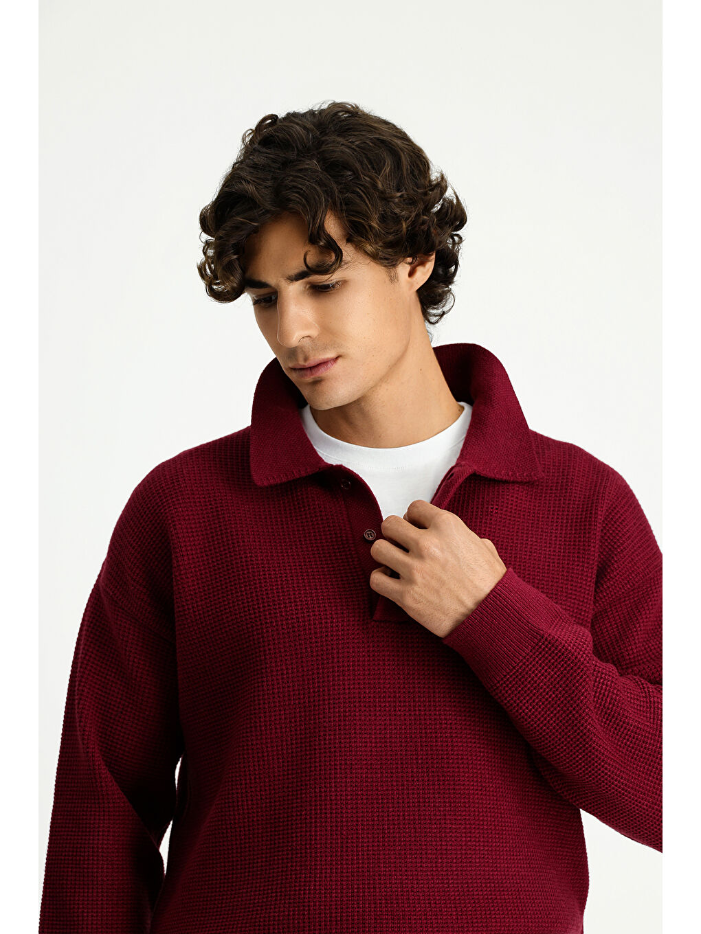 Bordo Polo Yaka Oversize Ekstra Rahat Kesim Desenli Triko Kazak-2