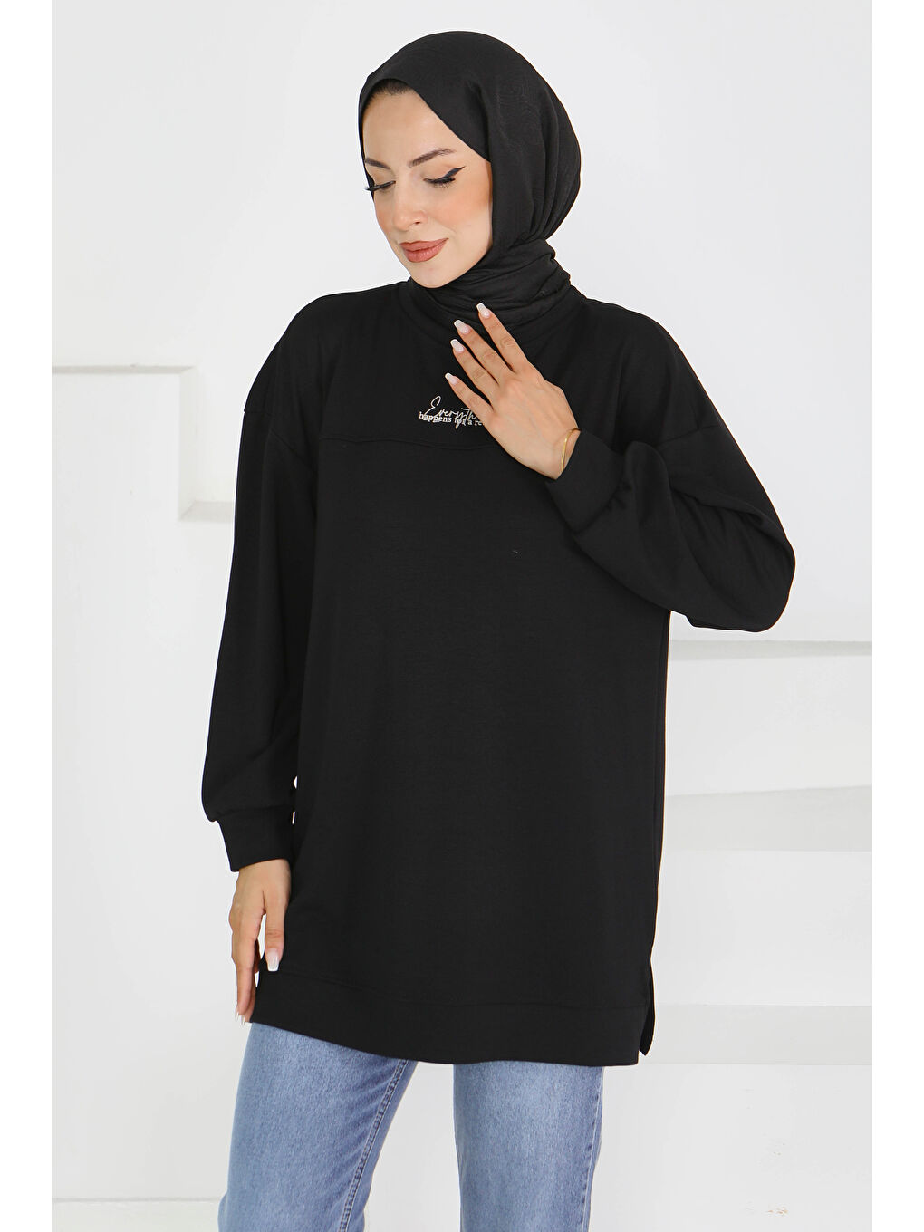 Önü Baskılı Biyeli  Sweatshirt Siyah - 27609-1
