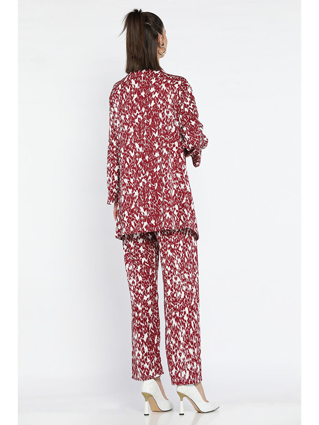 Bordo Kadın Desenli Kimono Pantolon İkili Takım-2