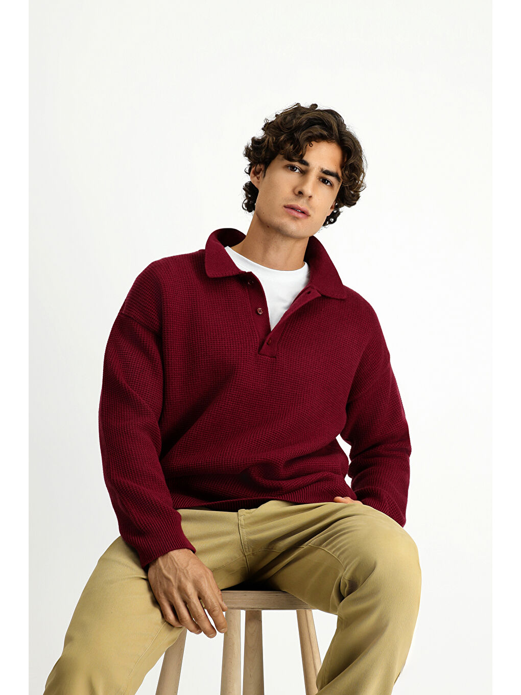 Bordo Polo Yaka Oversize Ekstra Rahat Kesim Desenli Triko Kazak-3