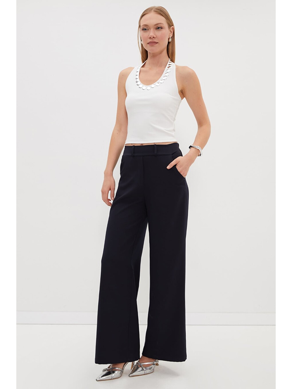 Lacivert Beli Lastikli Palazzo Kumaş Pantolon-1