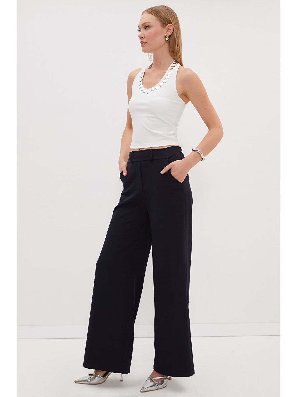 Lacivert Beli Lastikli Palazzo Kumaş Pantolon-2