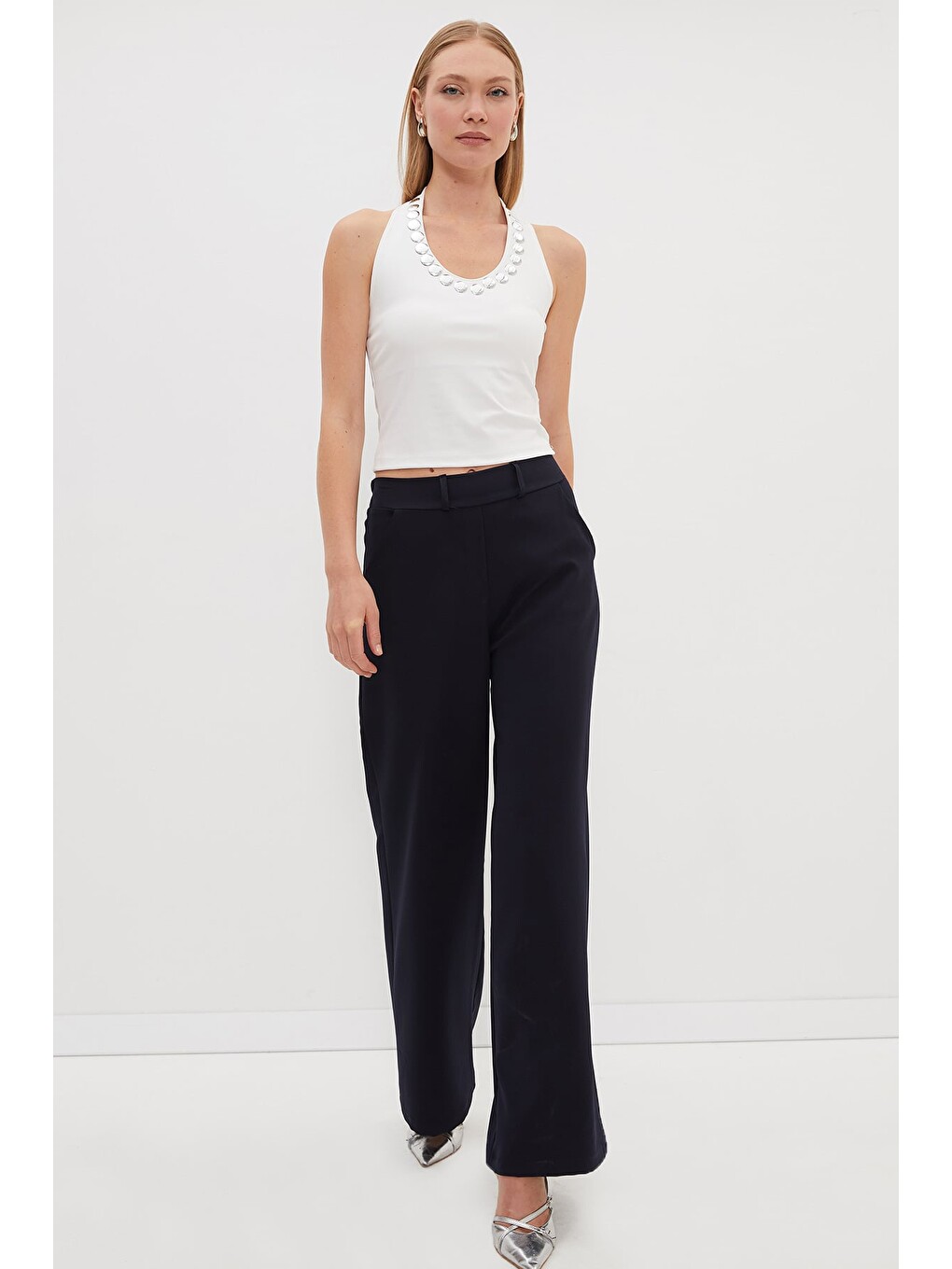 Lacivert Beli Lastikli Palazzo Kumaş Pantolon-4