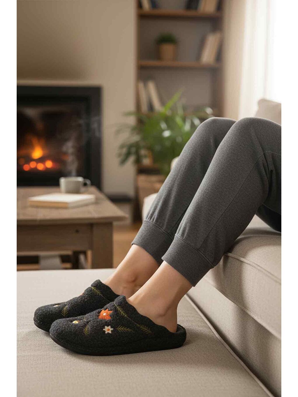 Siyah Keçe Anatomik Kadın Ev Terliği K-9561 Z-2