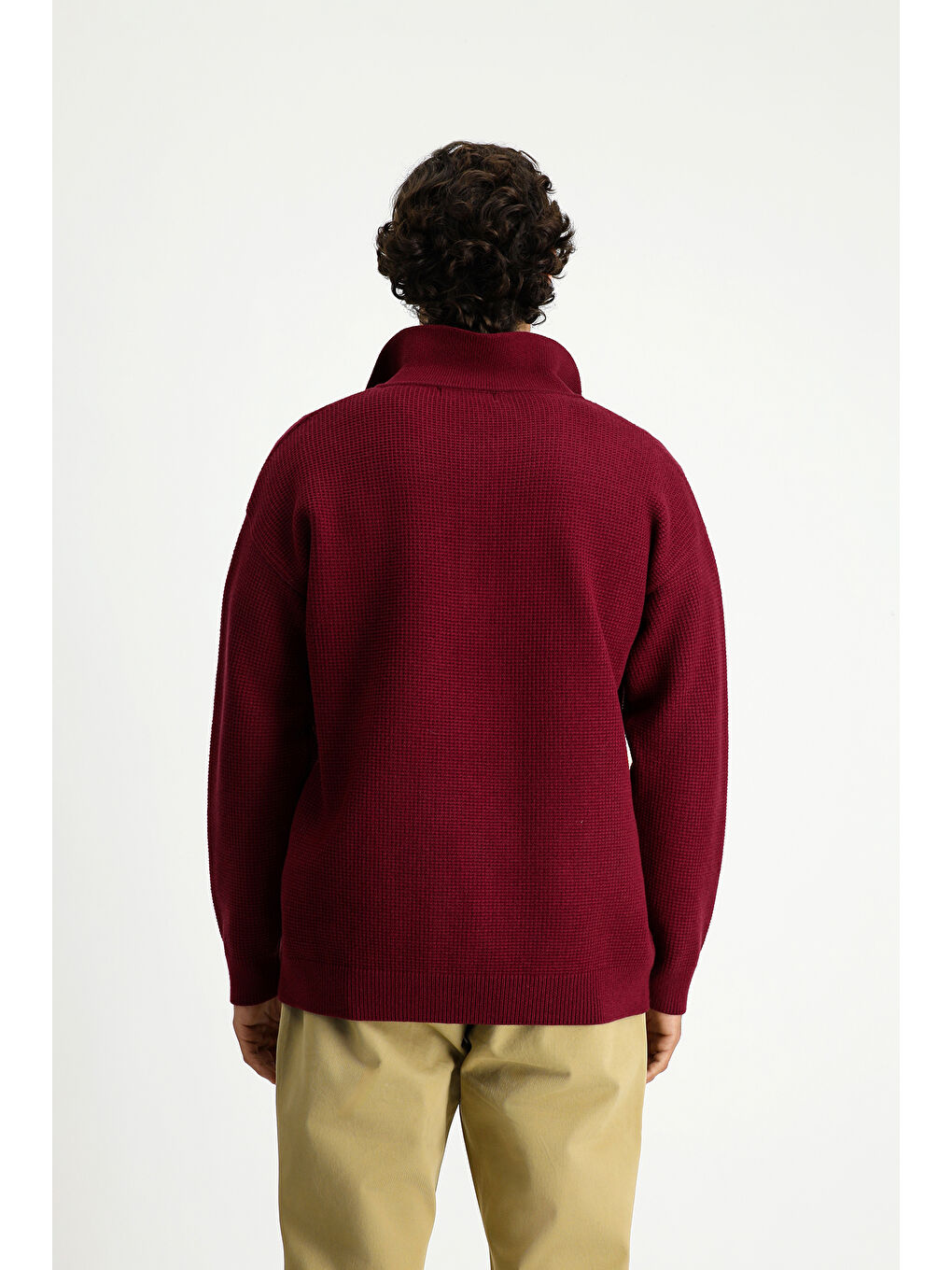 Bordo Polo Yaka Oversize Ekstra Rahat Kesim Desenli Triko Kazak-4