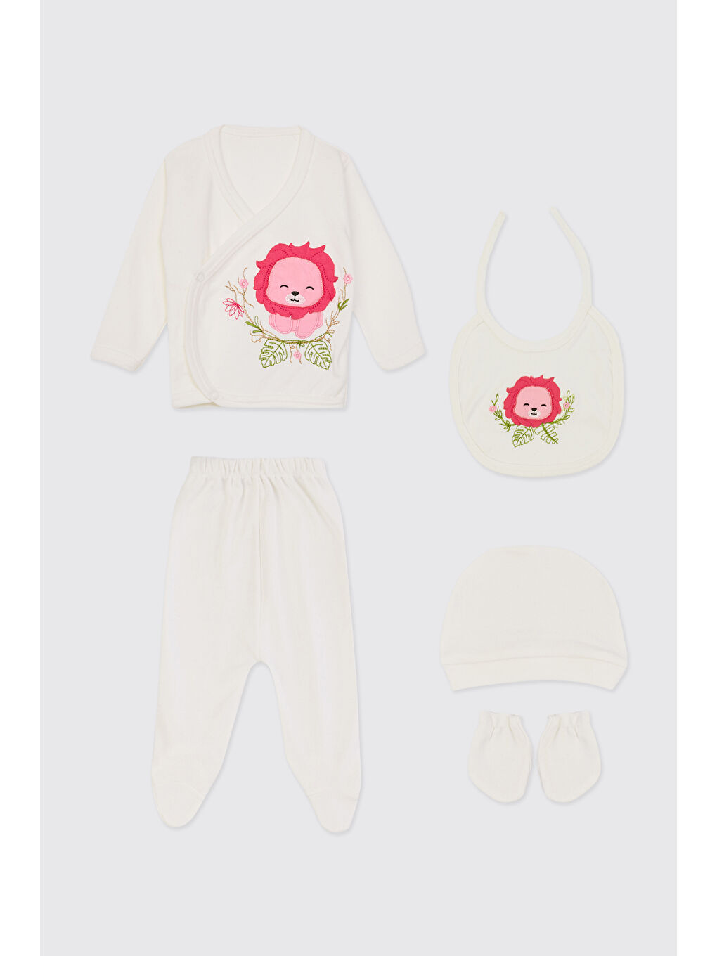 Yenidoğan Aslan Detaylı Ekru 5'li Hastane Çıkış Seti
