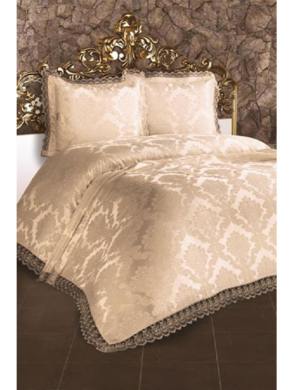 Karışık Fransız Dantelli Lalezar Yatak Örtüsü Cappucino