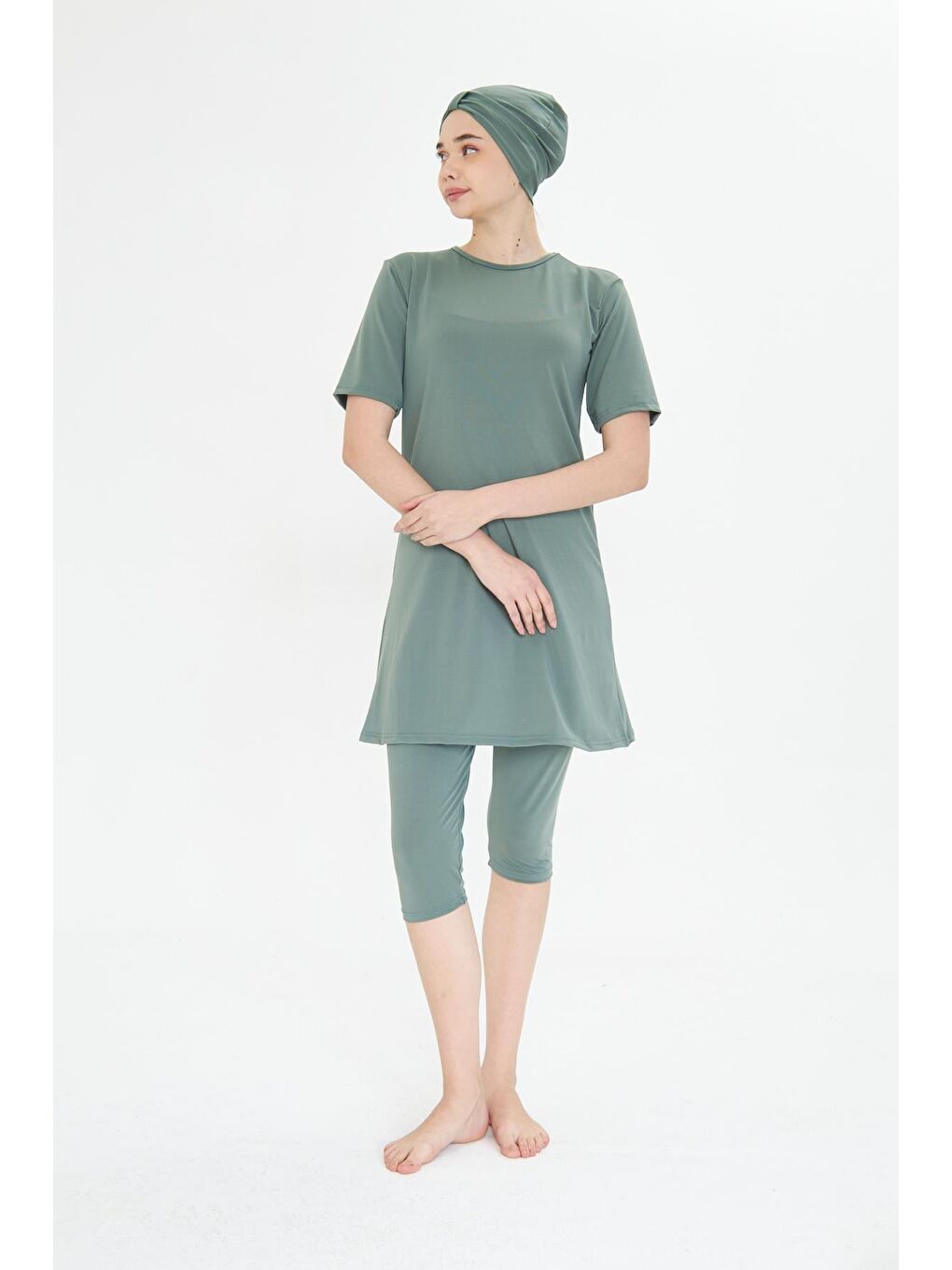 Lacivert Büyük Beden Kısa Kollu Elastanlı Yarı Kapalı Tesettür Mayo Yeşil 3484B-Y-3