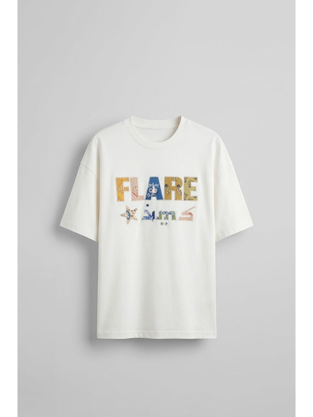 Erkek Oversize Patchwork Nakışlı T-Shirt Ekru