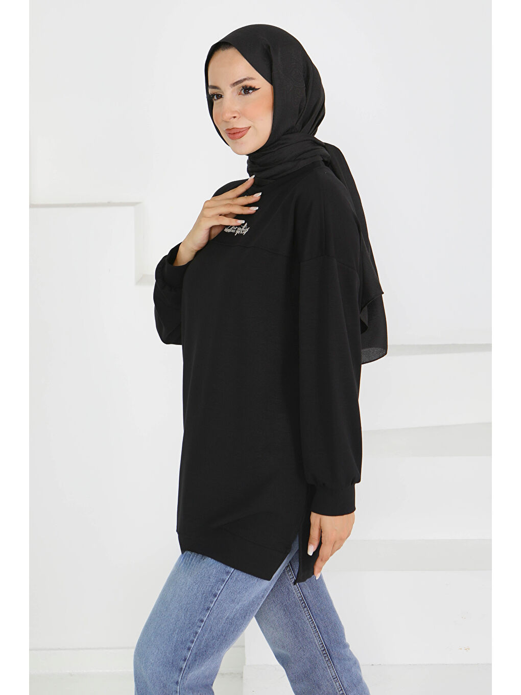 Önü Baskılı Biyeli  Sweatshirt Siyah - 27609-2