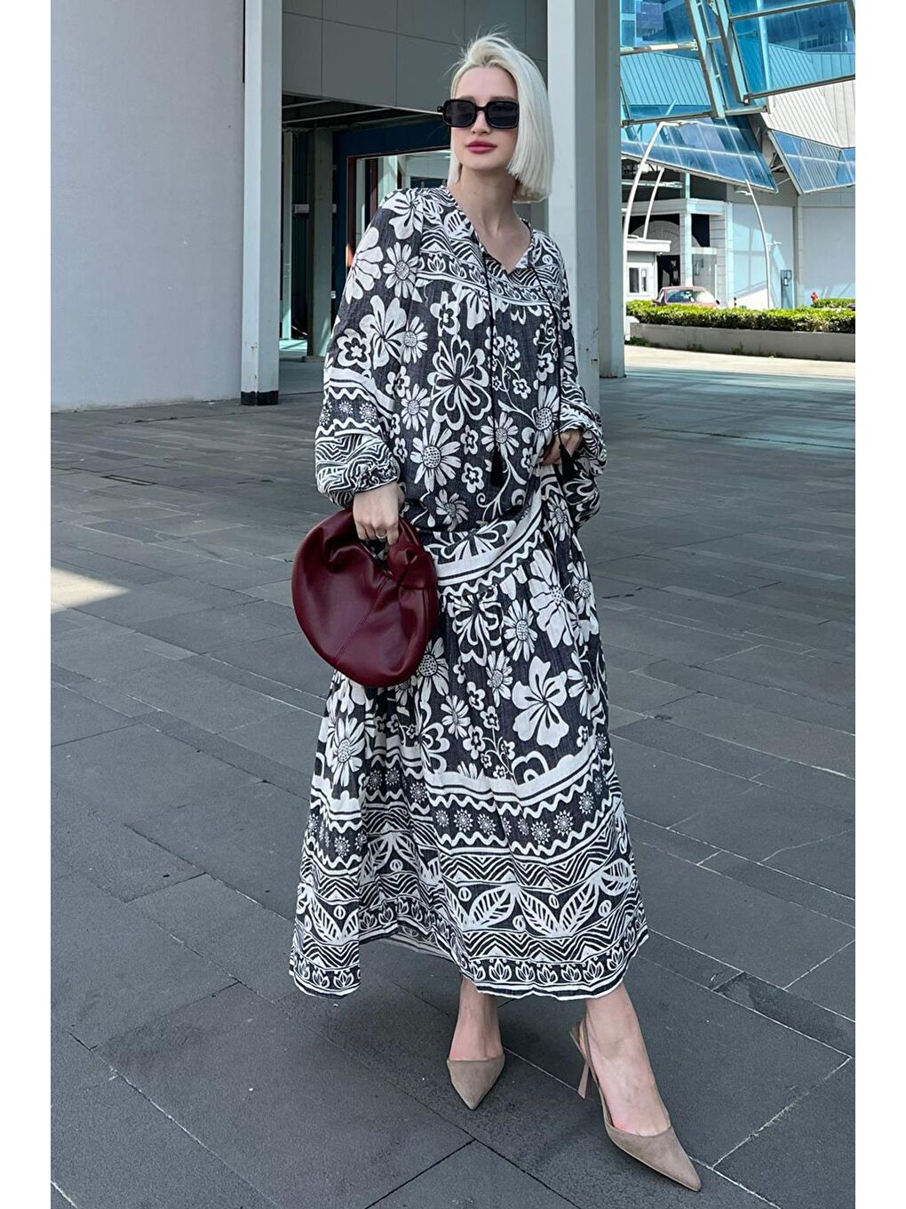 Siyah Oversize Desenli Uzun Elbise Mg2055-1