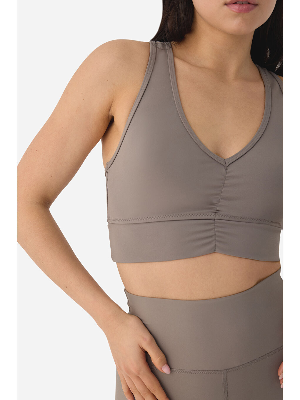 Bej Amara Büzgü Detaylı Taş Rengi Spor Bra-3