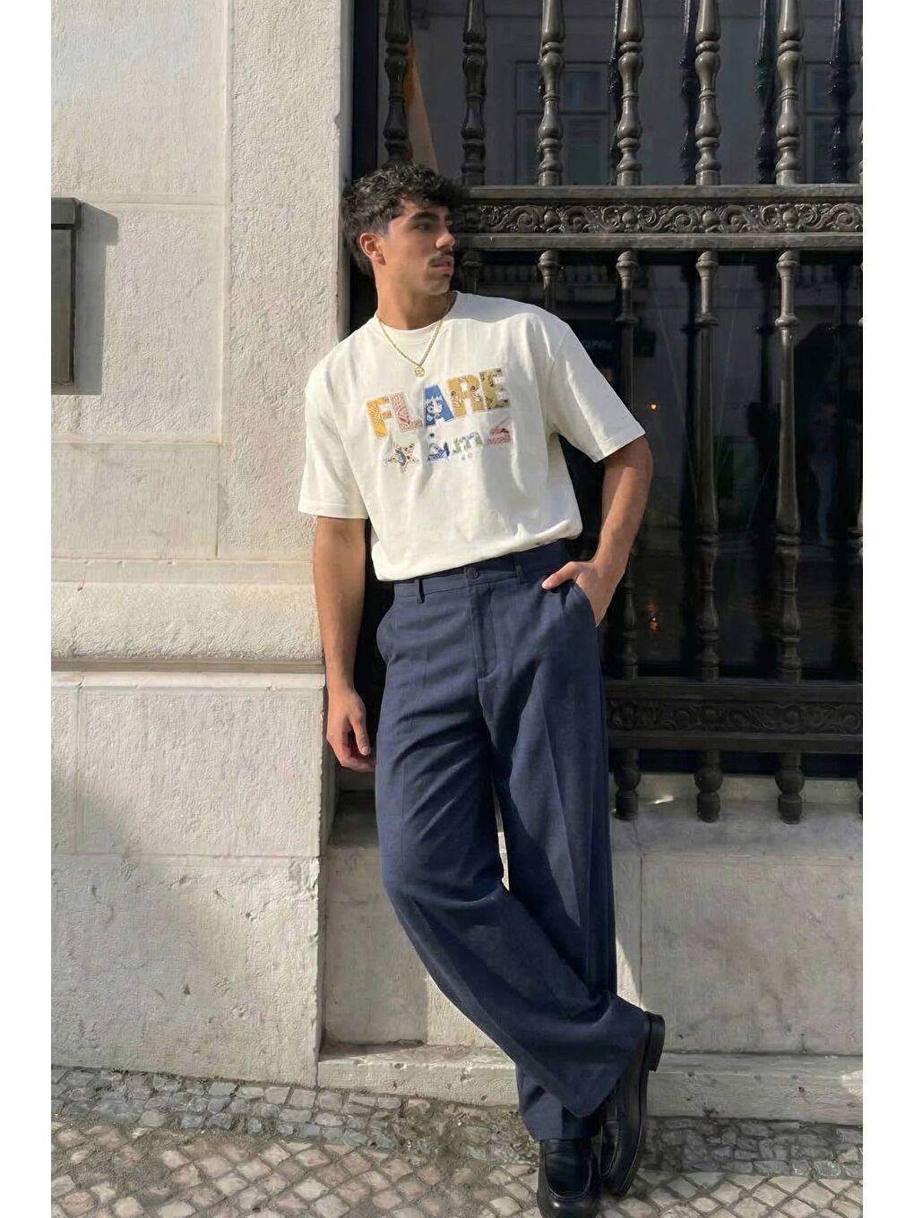 Erkek Oversize Patchwork Nakışlı T-Shirt Ekru-2