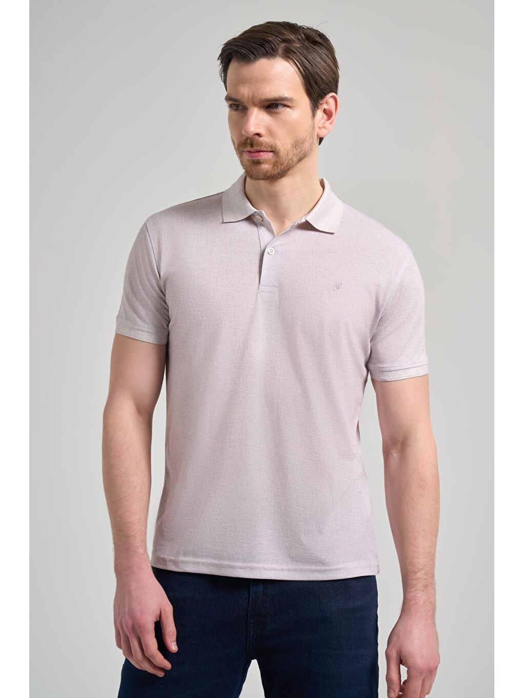 Açık Bej Kısa Kol Baskılı Pike Polo Yaka Cepsiz Esnek Casual Slim Fit Tişört 1011250151-2
