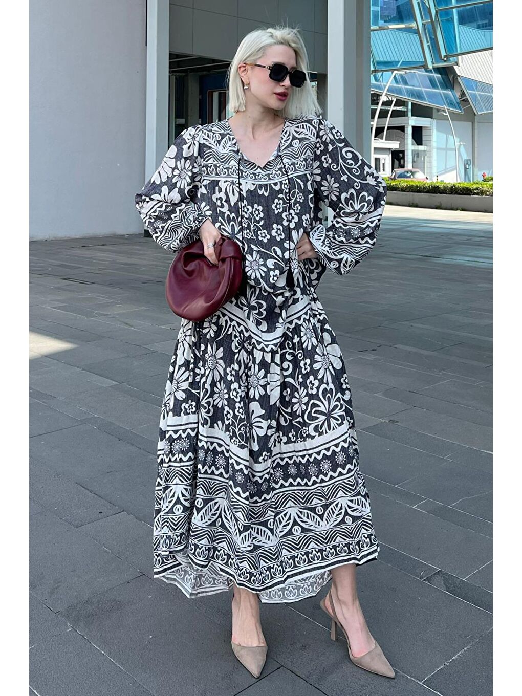 Siyah Oversize Desenli Uzun Elbise Mg2055-2