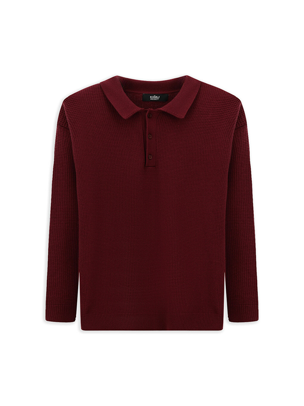 Bordo Polo Yaka Oversize Ekstra Rahat Kesim Desenli Triko Kazak-6