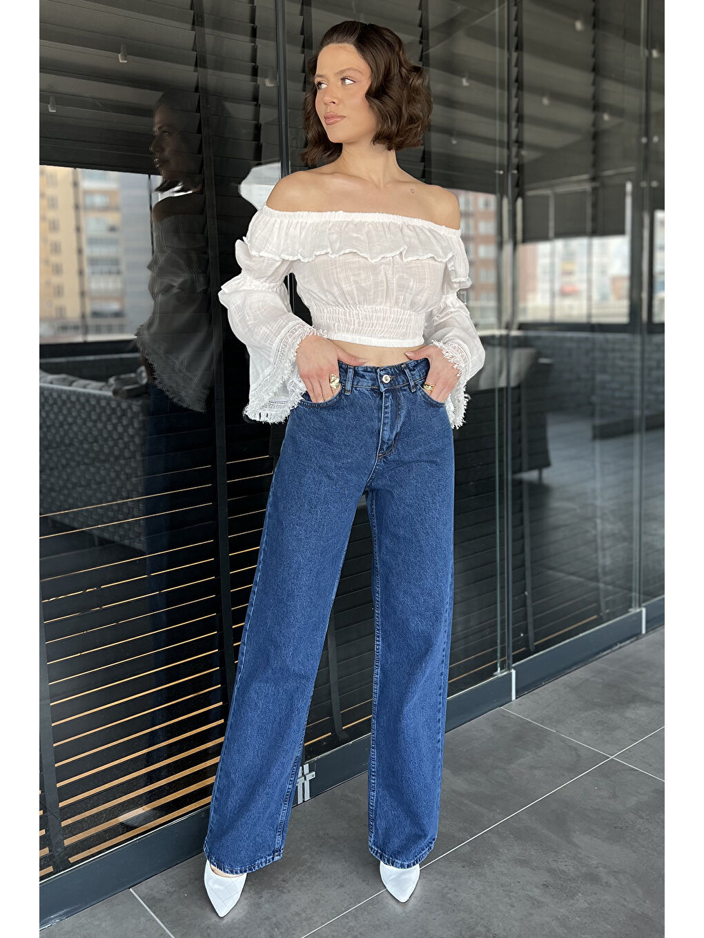 Lacivert Kadın Bol Paça Yüksek Bel Jean Pantolon-1